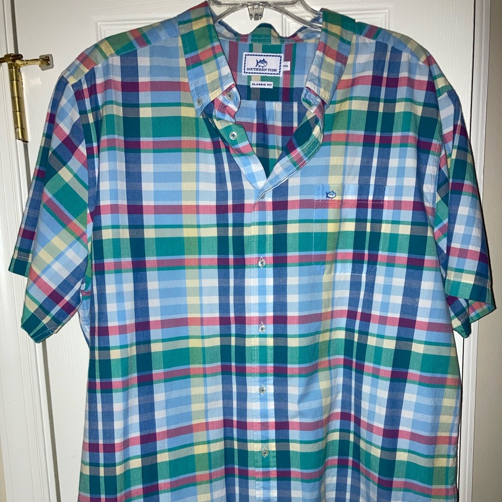 Southern Tide Plaid Classic Fit Short Sleeve Button Down Shirt with Front Pocket